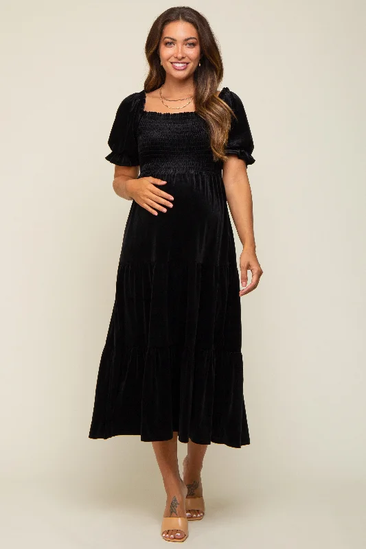 "Elegant wedding guest dresses for women under $100"Black Velvet Tiered Maternity Midi Dress "Elegant wedding guest dresses for women under $100"Black Velvet Tiered Maternity Midi Dress
