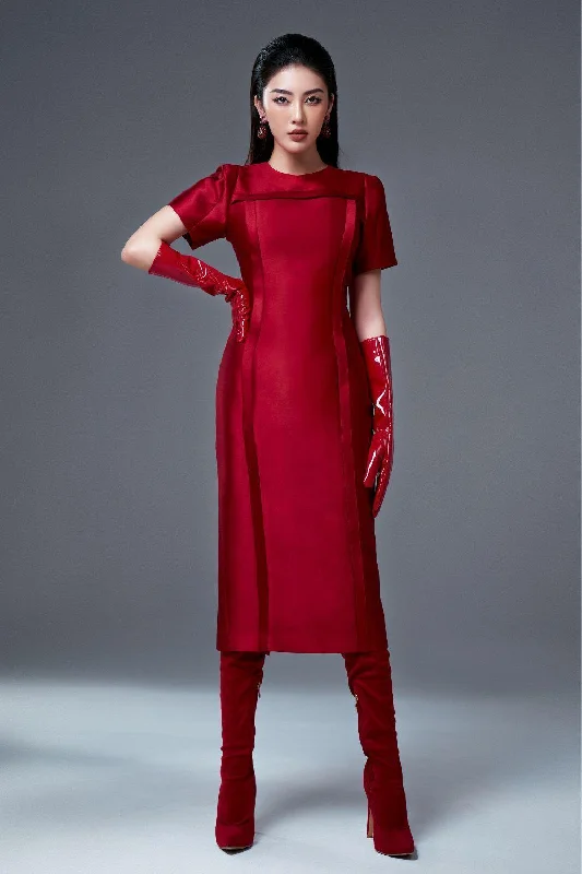 "Smart casual dresses for women for work - to - weekend transitions"Blamy Straight Short Sleeved Taffeta Midi Dress "Smart casual dresses for women for work - to - weekend transitions"Blamy Straight Short Sleeved Taffeta Midi Dress