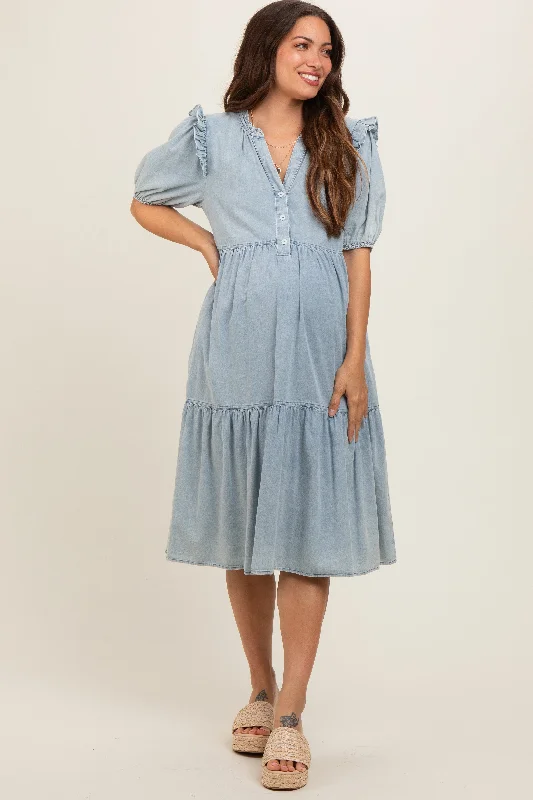 "Bundle and Save: Buy Multiple Women's Dresses and Get a Discount"Blue Denim Button Front Short Sleeve Tiered Maternity Midi Dress