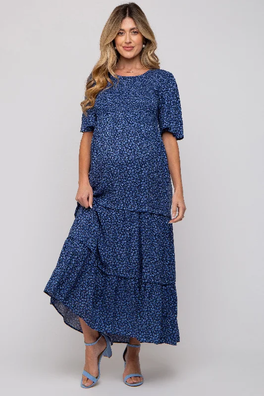 "Long sleeve dresses for women in cold weather"Blue Ditsy Floral Smocked Ruffle Tiered Maternity Midi Dress "Long sleeve dresses for women in cold weather"Blue Ditsy Floral Smocked Ruffle Tiered Maternity Midi Dress
