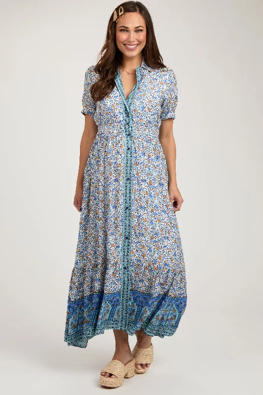 "Short dresses for women for a night out clubbing"Blue Floral Button Up Maternity Midi Dress "Short dresses for women for a night out clubbing"Blue Floral Button Up Maternity Midi Dress