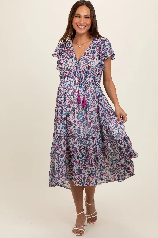 "Long sleeve dresses for women in cold weather"Blue Floral Chiffon Flutter Sleeve Ruffle Hem Maternity Midi Dress