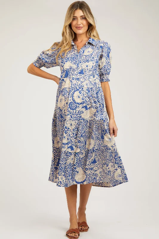 "Wrap dresses for women for an adjustable fit"Blue Floral Collared Tiered Maternity Midi Dress