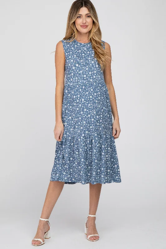 "Graduation dresses for women to celebrate in style"Blue Floral Ribbed Tiered Maternity Midi Dress "Graduation dresses for women to celebrate in style"Blue Floral Ribbed Tiered Maternity Midi Dress