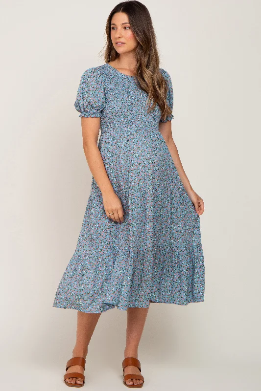 "Seasonal Sale: Save Big on Women's Dresses for Every Occasion"Blue Floral Smocked Maternity Midi Dress "Seasonal Sale: Save Big on Women's Dresses for Every Occasion"Blue Floral Smocked Maternity Midi Dress
