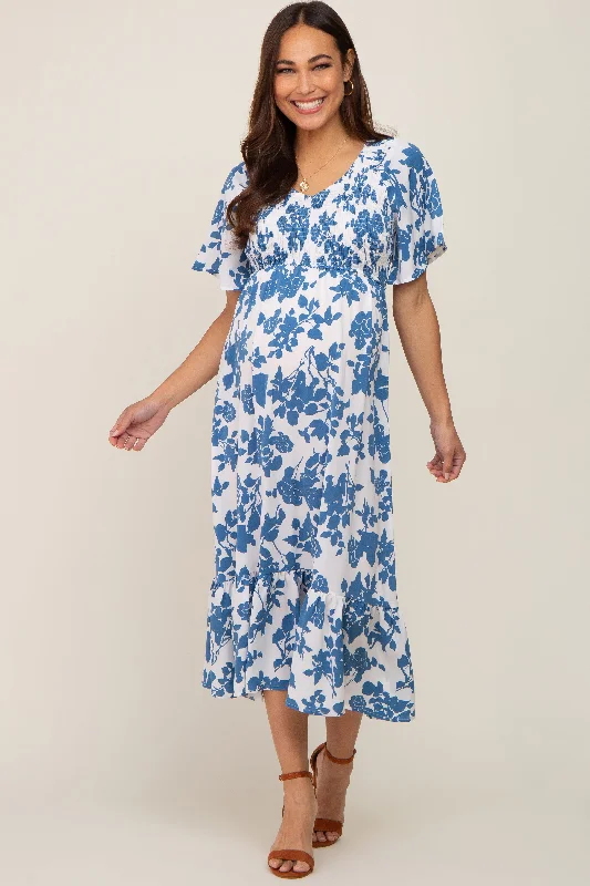 "Long sleeve dresses for women in cold weather"Blue Floral Smocked Maternity Midi Dress "Long sleeve dresses for women in cold weather"Blue Floral Smocked Maternity Midi Dress