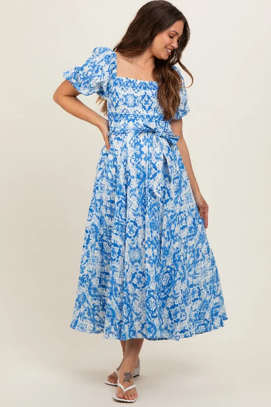 "Exclusive Discount: 30% Off All Women's Dresses for a Limited Period"Blue Floral Smocked Short Puff Sleeve Maternity Midi Dress