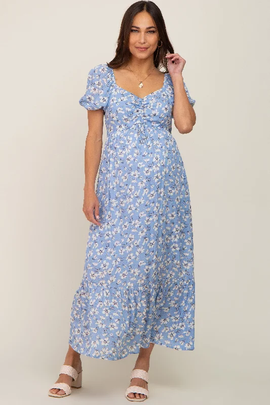 "Beaded dresses for women for a glamorous look"Blue Floral Sweetheart Drawstring Neck Short Sleeve Maternity Midi Dress "Beaded dresses for women for a glamorous look"Blue Floral Sweetheart Drawstring Neck Short Sleeve Maternity Midi Dress