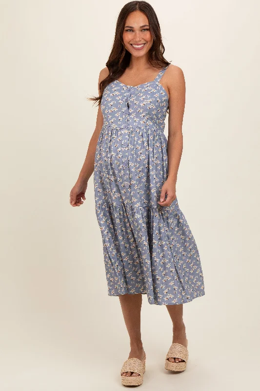 "Smart casual dresses for women for work - to - weekend transitions"Blue Floral Sweetheart Neck Button Front Ruffle Maternity Midi Dress "Smart casual dresses for women for work - to - weekend transitions"Blue Floral Sweetheart Neck Button Front Ruffle Maternity Midi Dress