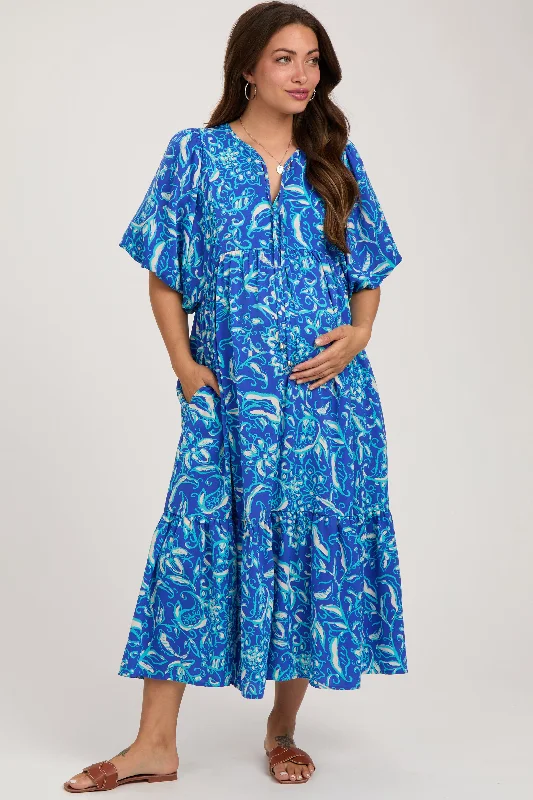 "Floral print dresses for women for a feminine look"Blue Floral Tiered Maternity Midi Dress "Floral print dresses for women for a feminine look"Blue Floral Tiered Maternity Midi Dress