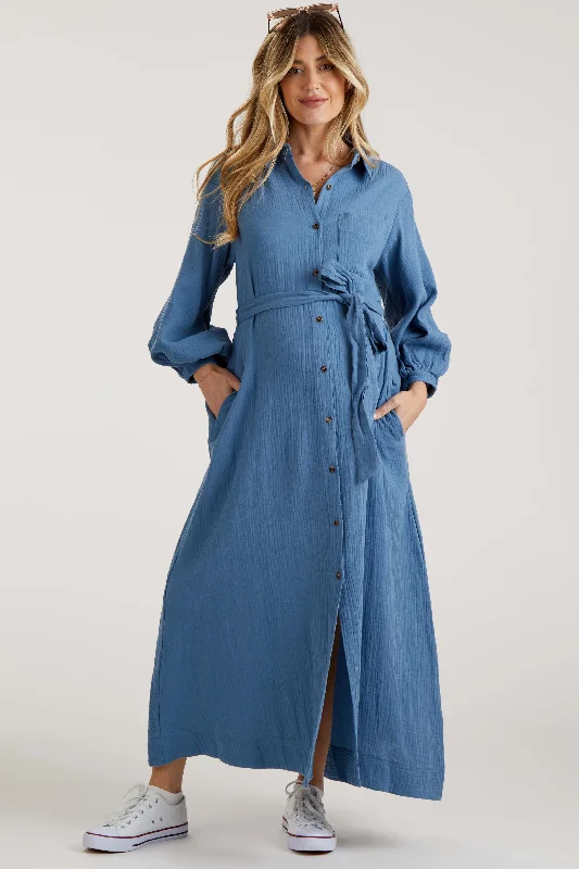 "Mini dresses for women for a youthful and trendy look"Blue Gauze Belted Shirt Maternity Midi Dress "Mini dresses for women for a youthful and trendy look"Blue Gauze Belted Shirt Maternity Midi Dress