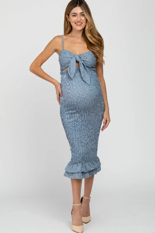 "Simple wedding dresses for women who prefer understated elegance"Blue Gingham Print Smocked Fitted Self-Tie Maternity Midi Dress "Simple wedding dresses for women who prefer understated elegance"Blue Gingham Print Smocked Fitted Self-Tie Maternity Midi Dress