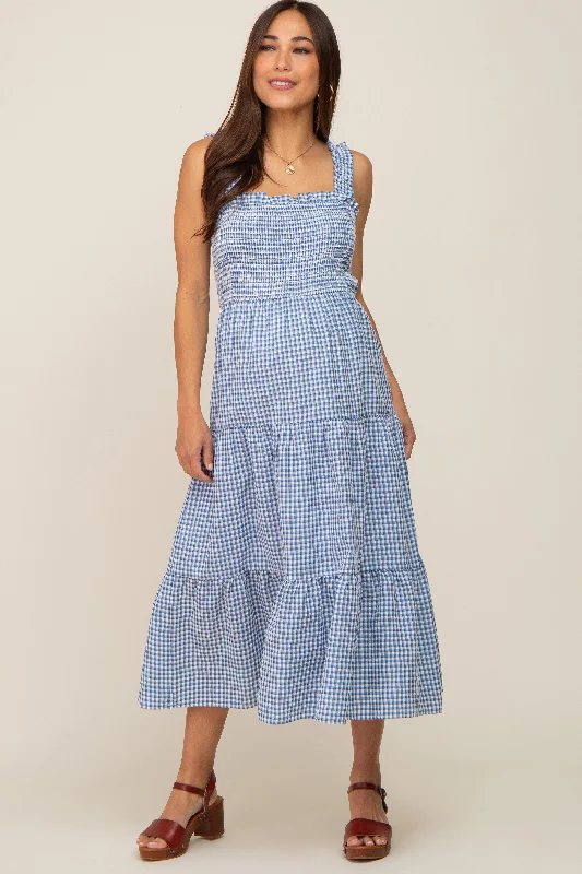 "Petite women's dresses with flattering fits"Blue Gingham Smocked Tiered Maternity Midi Dress "Petite women's dresses with flattering fits"Blue Gingham Smocked Tiered Maternity Midi Dress