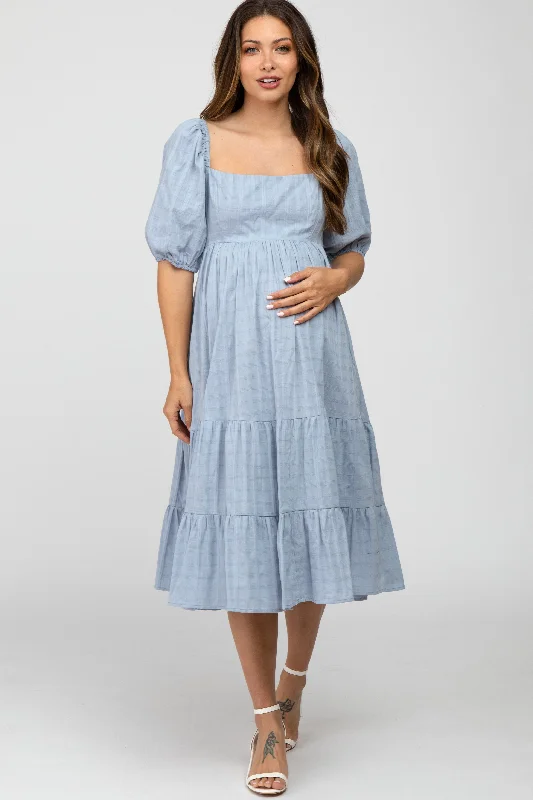 "Black tie dresses for women for formal galas"Blue Plaid Square Neck Maternity Midi Dress "Black tie dresses for women for formal galas"Blue Plaid Square Neck Maternity Midi Dress