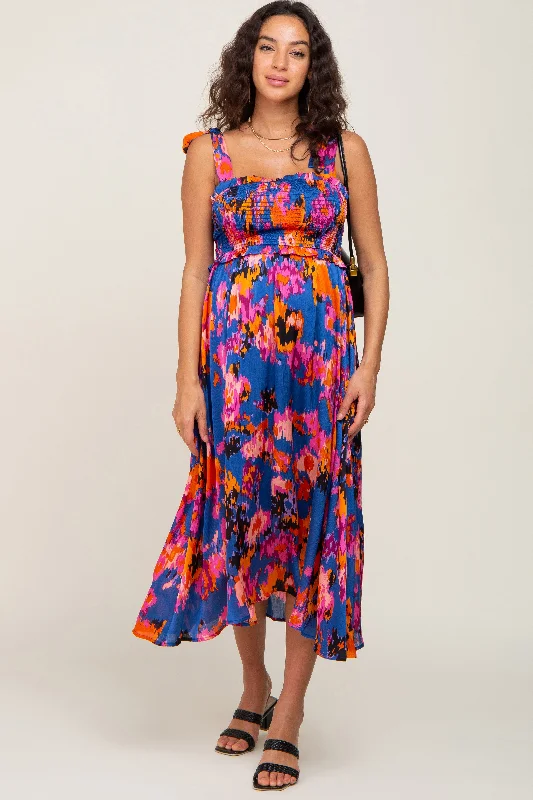 "Midi dresses for women with unique patterns"Blue Printed Satin Smocked Maternity Midi Dress "Midi dresses for women with unique patterns"Blue Printed Satin Smocked Maternity Midi Dress