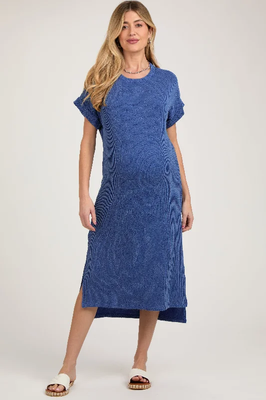 "Ruffled dresses for women for added femininity"Blue Ribbed Short Sleeve Maternity Midi Dress "Ruffled dresses for women for added femininity"Blue Ribbed Short Sleeve Maternity Midi Dress