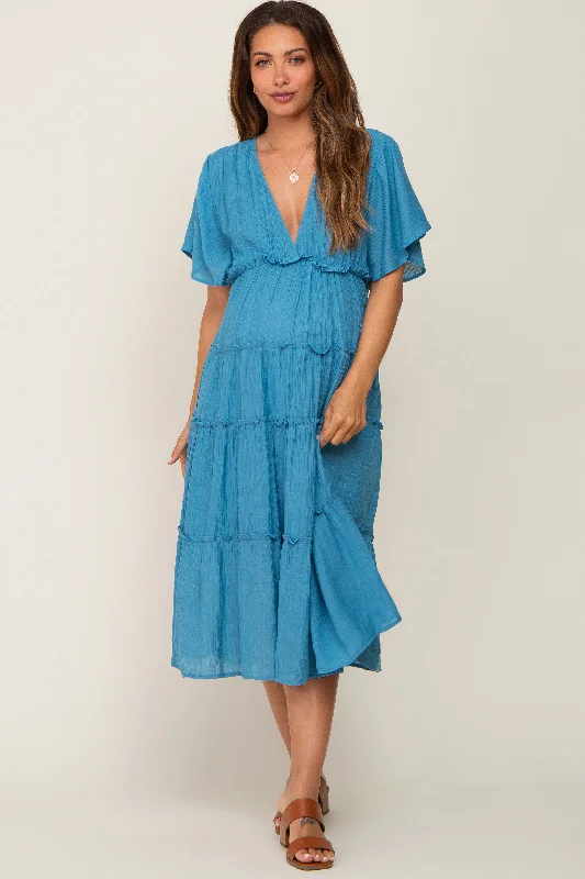 "Wrap dresses for women for an adjustable fit"Blue Ruffle Tiered V-Neck Maternity Midi Dress "Wrap dresses for women for an adjustable fit"Blue Ruffle Tiered V-Neck Maternity Midi Dress