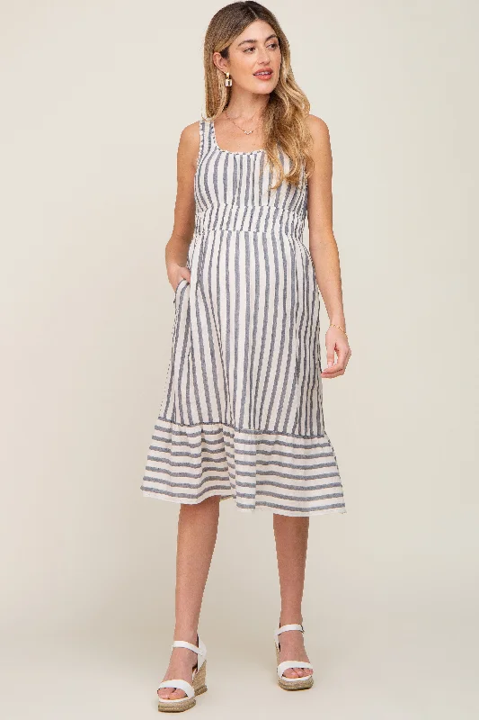 "Seasonal Sale: Save Big on Women's Dresses for Every Occasion"Blue Striped Sleeveless Ruffle Hem Maternity Midi Dress "Seasonal Sale: Save Big on Women's Dresses for Every Occasion"Blue Striped Sleeveless Ruffle Hem Maternity Midi Dress