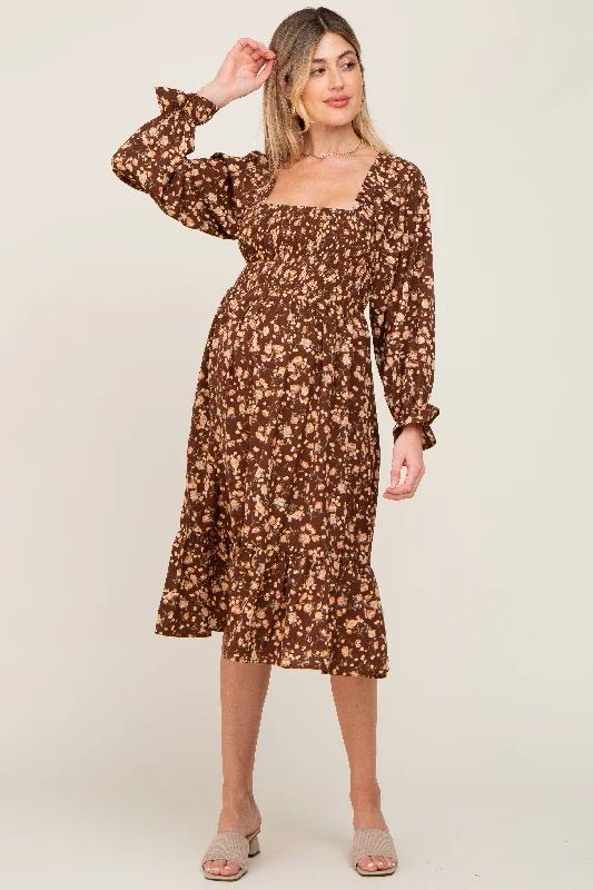 "Off - shoulder dresses for women to show off collarbones"Brown Floral Smocked Long Sleeve Maternity Midi Dress "Off - shoulder dresses for women to show off collarbones"Brown Floral Smocked Long Sleeve Maternity Midi Dress