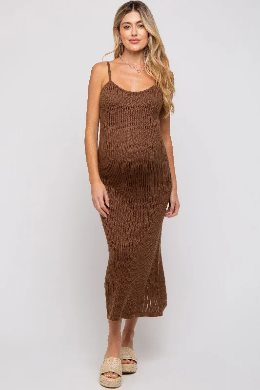"Mother of the bride dresses for women in elegant styles"Brown Open Knit Crochet Maternity Midi Dress "Mother of the bride dresses for women in elegant styles"Brown Open Knit Crochet Maternity Midi Dress