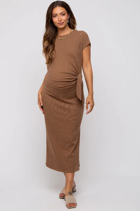 "Wrap dresses for women for an adjustable fit"Brown Rib Knit Side Tie Maternity Midi Dress "Wrap dresses for women for an adjustable fit"Brown Rib Knit Side Tie Maternity Midi Dress