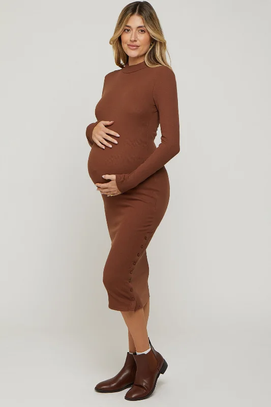 Clearance Sale: Women's Dresses Brown Ribbed Mock Neck Button Side Slit Maternity Midi Dress Clearance Sale: Women's Dresses Brown Ribbed Mock Neck Button Side Slit Maternity Midi Dress