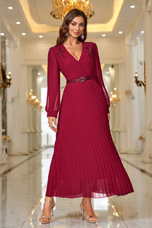 "Mother of the bride dresses for women in elegant styles"Burgundy A Line V Neck Pleated Appliques Belted Prom Dress with Long Sleeves "Mother of the bride dresses for women in elegant styles"Burgundy A Line V Neck Pleated Appliques Belted Prom Dress with Long Sleeves