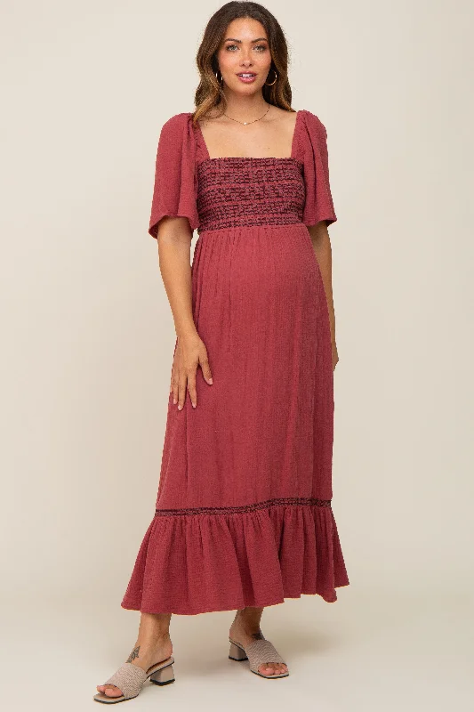 "Plus size formal dresses for women for special events"Burgundy Embroidered Smocked Square Neck Open Back Maternity Midi Dress "Plus size formal dresses for women for special events"Burgundy Embroidered Smocked Square Neck Open Back Maternity Midi Dress