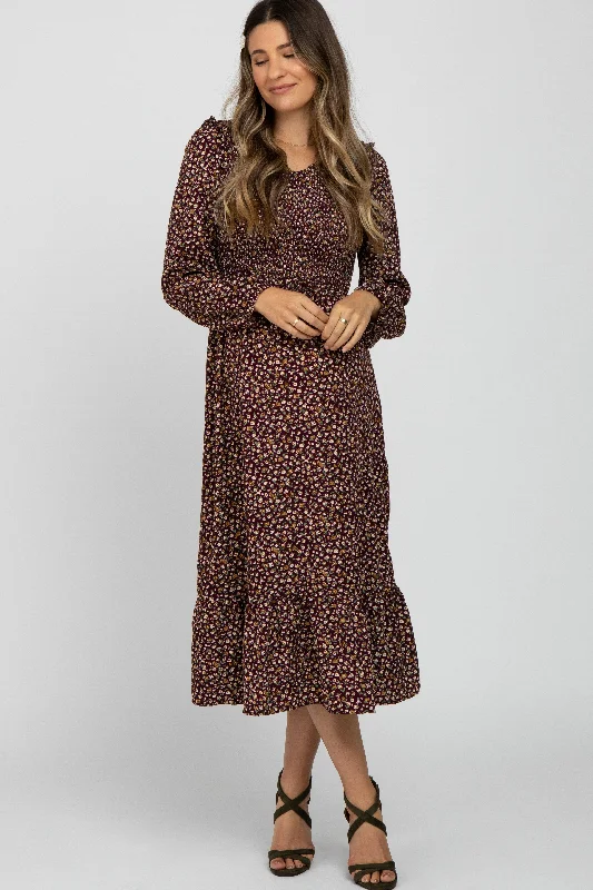 "Mermaid - style wedding dresses for women for a dramatic look"Burgundy Floral Long Sleeve Smocked Maternity Midi Dress "Mermaid - style wedding dresses for women for a dramatic look"Burgundy Floral Long Sleeve Smocked Maternity Midi Dress