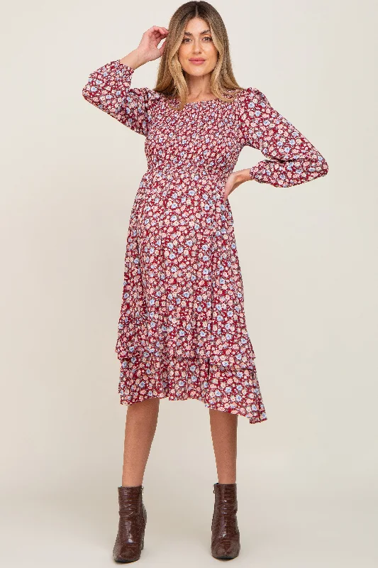 "A - line dresses for women to flatter the figure"Burgundy Floral Smocked Long Sleeve Maternity Midi Dress