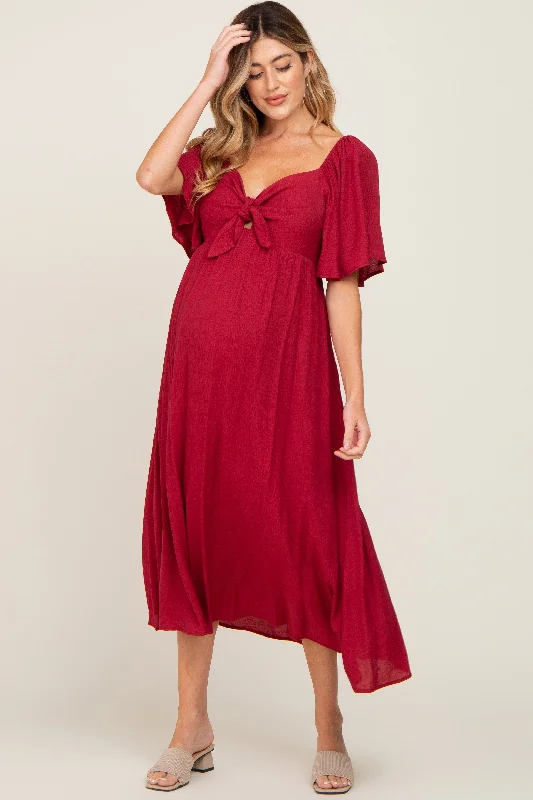"Mermaid - style wedding dresses for women for a dramatic look"Burgundy Front Tie Ruffle Sleeve Maternity Midi Dress "Mermaid - style wedding dresses for women for a dramatic look"Burgundy Front Tie Ruffle Sleeve Maternity Midi Dress