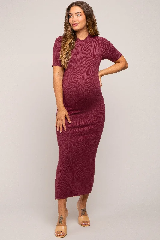 "Limited - Time Offer: Up to 50% Off on Women's Dresses!"Burgundy Knit Fitted Mock Neck Maternity Midi Dress