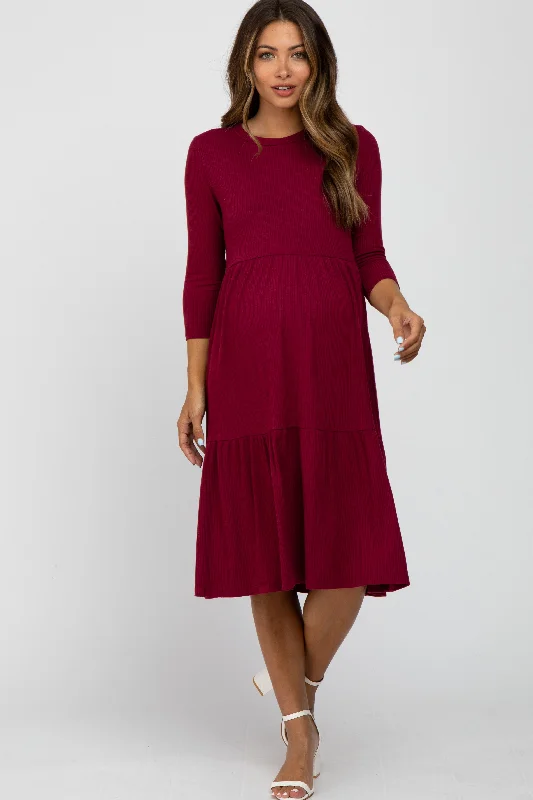 "Mother of the groom dresses for women in sophisticated designs"Burgundy Tiered Ribbed 3/4 Sleeve Maternity Midi Dress "Mother of the groom dresses for women in sophisticated designs"Burgundy Tiered Ribbed 3/4 Sleeve Maternity Midi Dress