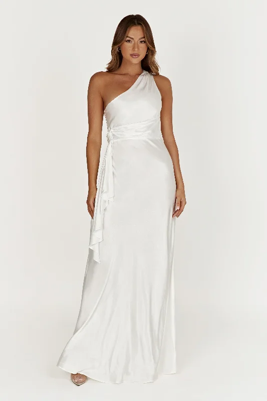 "Sustainable and eco - friendly women's dresses"Calliope One Shoulder Maxi Dress - White "Sustainable and eco - friendly women's dresses"Calliope One Shoulder Maxi Dress - White