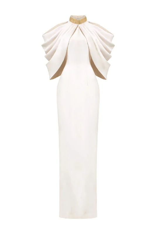 "Vintage - look women's dresses for a retro charm"Calliope Sheath Cold Shoulder Sleeved Silk Floor Length Dress "Vintage - look women's dresses for a retro charm"Calliope Sheath Cold Shoulder Sleeved Silk Floor Length Dress