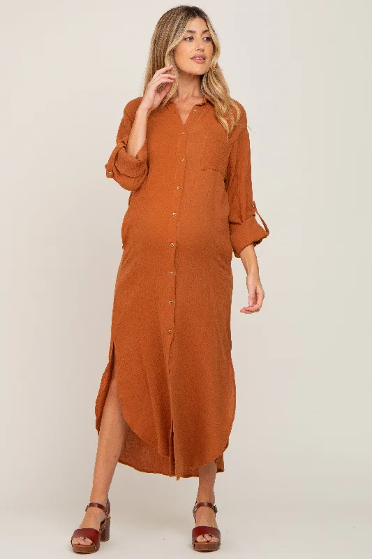 "Elegant wedding guest dresses for women under $100"Camel Button Down 3/4 Sleeve Maternity Midi Dress "Elegant wedding guest dresses for women under $100"Camel Button Down 3/4 Sleeve Maternity Midi Dress