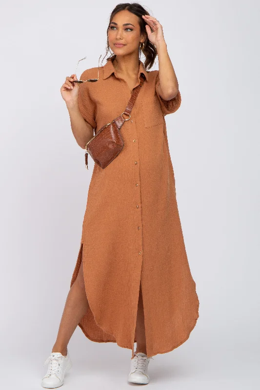 "Long sleeve dresses for women in cold weather"Camel Button Down Maternity Midi Dress "Long sleeve dresses for women in cold weather"Camel Button Down Maternity Midi Dress