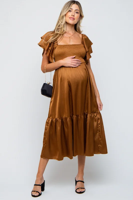 "Stylish cocktail dresses for women on a budget"Camel Satin Flutter Sleeve Maternity Midi Dress "Stylish cocktail dresses for women on a budget"Camel Satin Flutter Sleeve Maternity Midi Dress