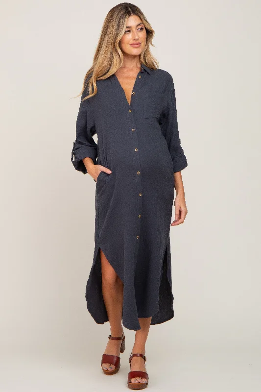 "Affordable plus size women's summer dresses"Charcoal Button Down 3/4 Sleeve Maternity Midi Dress "Affordable plus size women's summer dresses"Charcoal Button Down 3/4 Sleeve Maternity Midi Dress