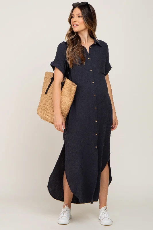 "Sustainable and eco - friendly women's dresses"Charcoal Button Down Maternity Midi Dress
