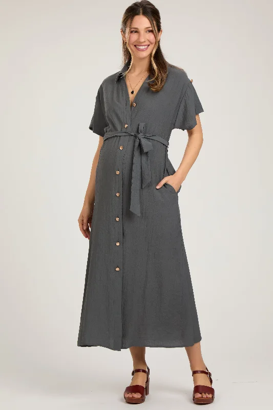 "Simple wedding dresses for women who prefer understated elegance"Charcoal Button Front Belted Short Sleeve Maternity Midi Dress "Simple wedding dresses for women who prefer understated elegance"Charcoal Button Front Belted Short Sleeve Maternity Midi Dress