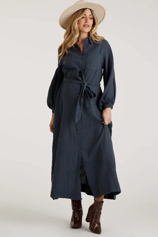"T - shirt dresses for women for ultimate comfort"Charcoal Gauze Belted Shirt Maternity Midi Dress "T - shirt dresses for women for ultimate comfort"Charcoal Gauze Belted Shirt Maternity Midi Dress