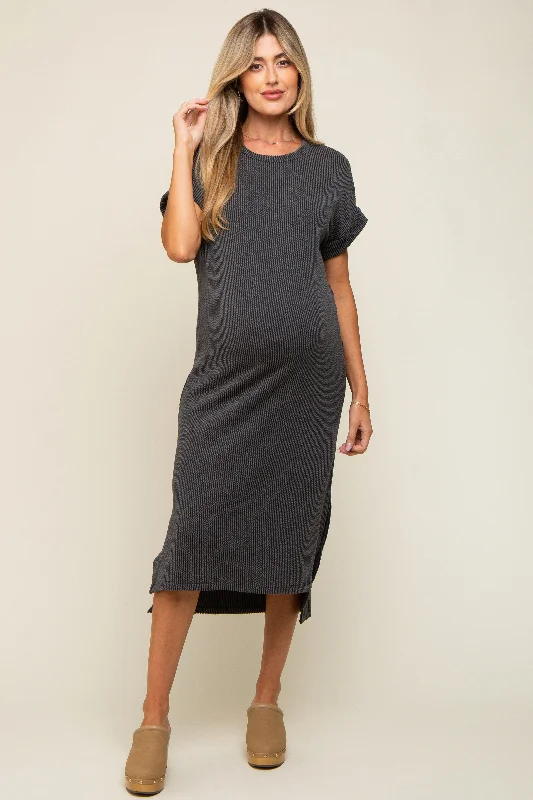 "Flash Sale: Grab Your Favorite Women's Dresses at Unbeatable Prices!"Charcoal Ribbed Short Sleeve Maternity Midi Dress