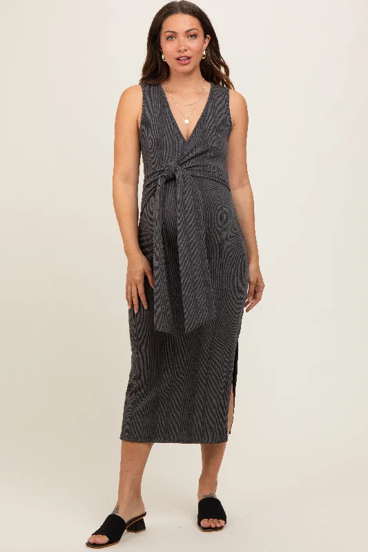 "T - shirt dresses for women for ultimate comfort"Charcoal Ribbed Wrap Maternity Midi Dress "T - shirt dresses for women for ultimate comfort"Charcoal Ribbed Wrap Maternity Midi Dress