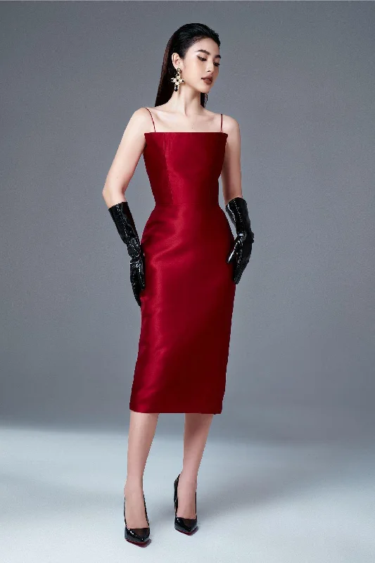 "Graduation dresses for women to celebrate in style"Chris Pencil Spaghetti Strap Taffeta Midi Dress "Graduation dresses for women to celebrate in style"Chris Pencil Spaghetti Strap Taffeta Midi Dress