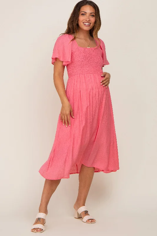 "Shirt dresses for women for a smart - casual style"Coral Smocked Square Neck Flutter Short Sleeve Maternity Midi Dress "Shirt dresses for women for a smart - casual style"Coral Smocked Square Neck Flutter Short Sleeve Maternity Midi Dress