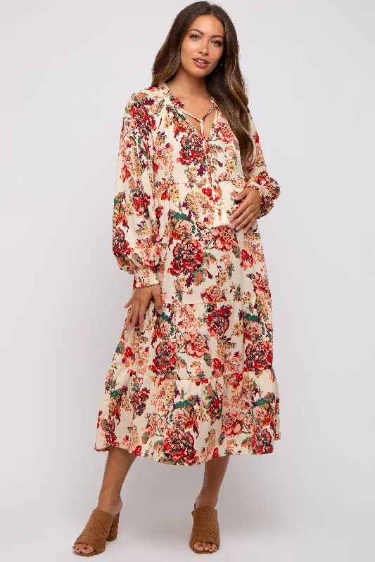 "Simple wedding dresses for women who prefer understated elegance"Cream Floral Ruffle Neck Tiered Maternity Midi Dress "Simple wedding dresses for women who prefer understated elegance"Cream Floral Ruffle Neck Tiered Maternity Midi Dress