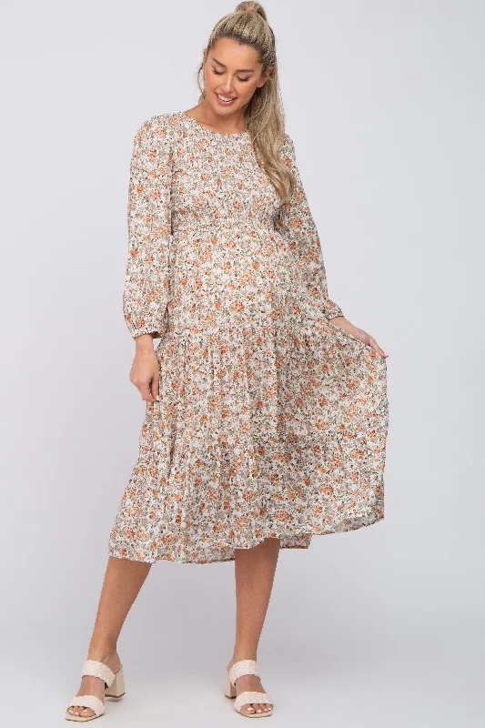 "Animal print dresses for women who love bold styles"Cream Floral Smocked 3/4 Sleeve Maternity Midi Dress "Animal print dresses for women who love bold styles"Cream Floral Smocked 3/4 Sleeve Maternity Midi Dress