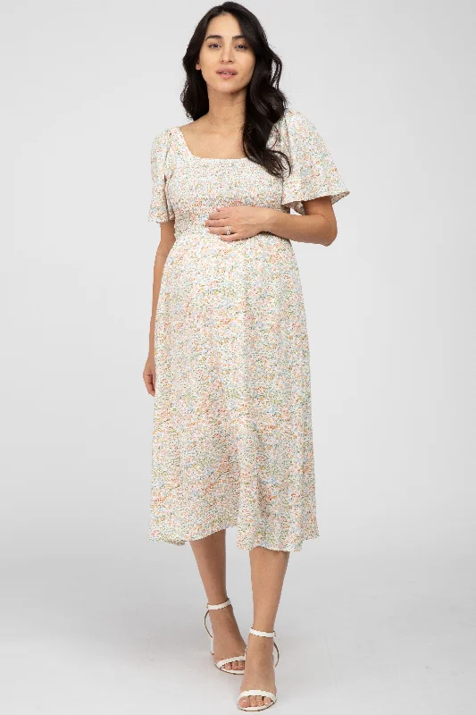 "Mini dresses for women for a youthful and trendy look"Cream Floral Smocked Square Neck Maternity Midi Dress "Mini dresses for women for a youthful and trendy look"Cream Floral Smocked Square Neck Maternity Midi Dress