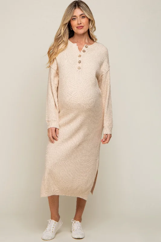 "Floral print dresses for women for a feminine look"Cream Waffle Knit Button Long Sleeve Maternity Midi Dress "Floral print dresses for women for a feminine look"Cream Waffle Knit Button Long Sleeve Maternity Midi Dress